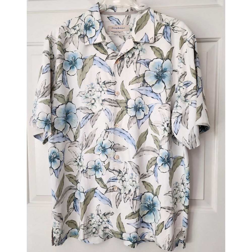 Tommy Bahama 100% Silk  L Blue Green Tropical Floral Hawaiian  Original Fit